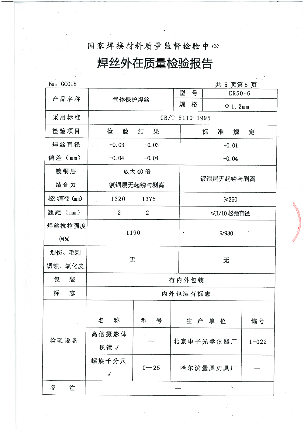 氣體保護(hù)焊絲檢測(cè)報(bào)告第五頁(yè) 